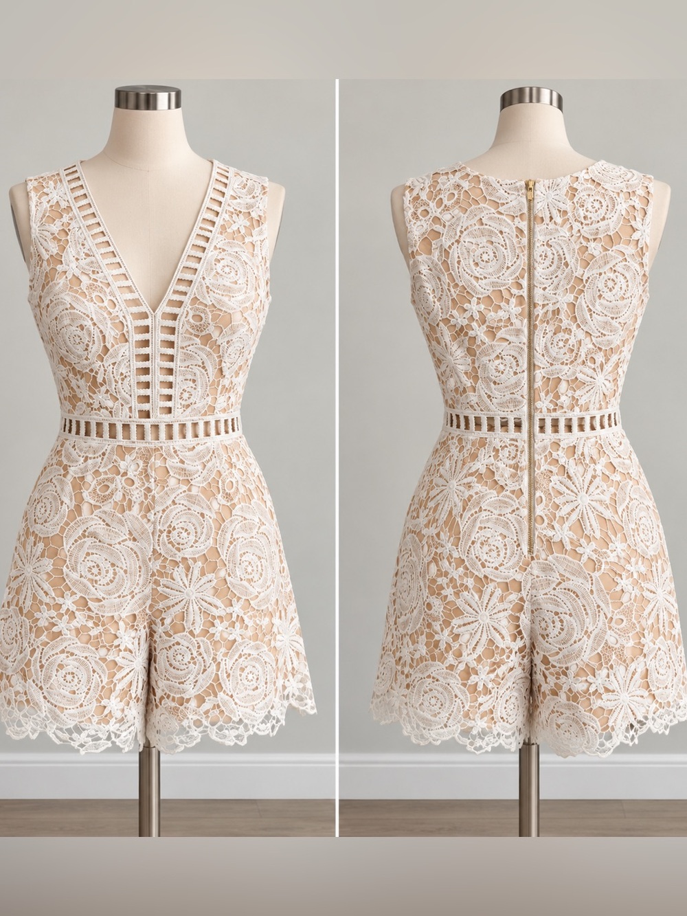 Love By Design White Lace Romper with Nude Lining